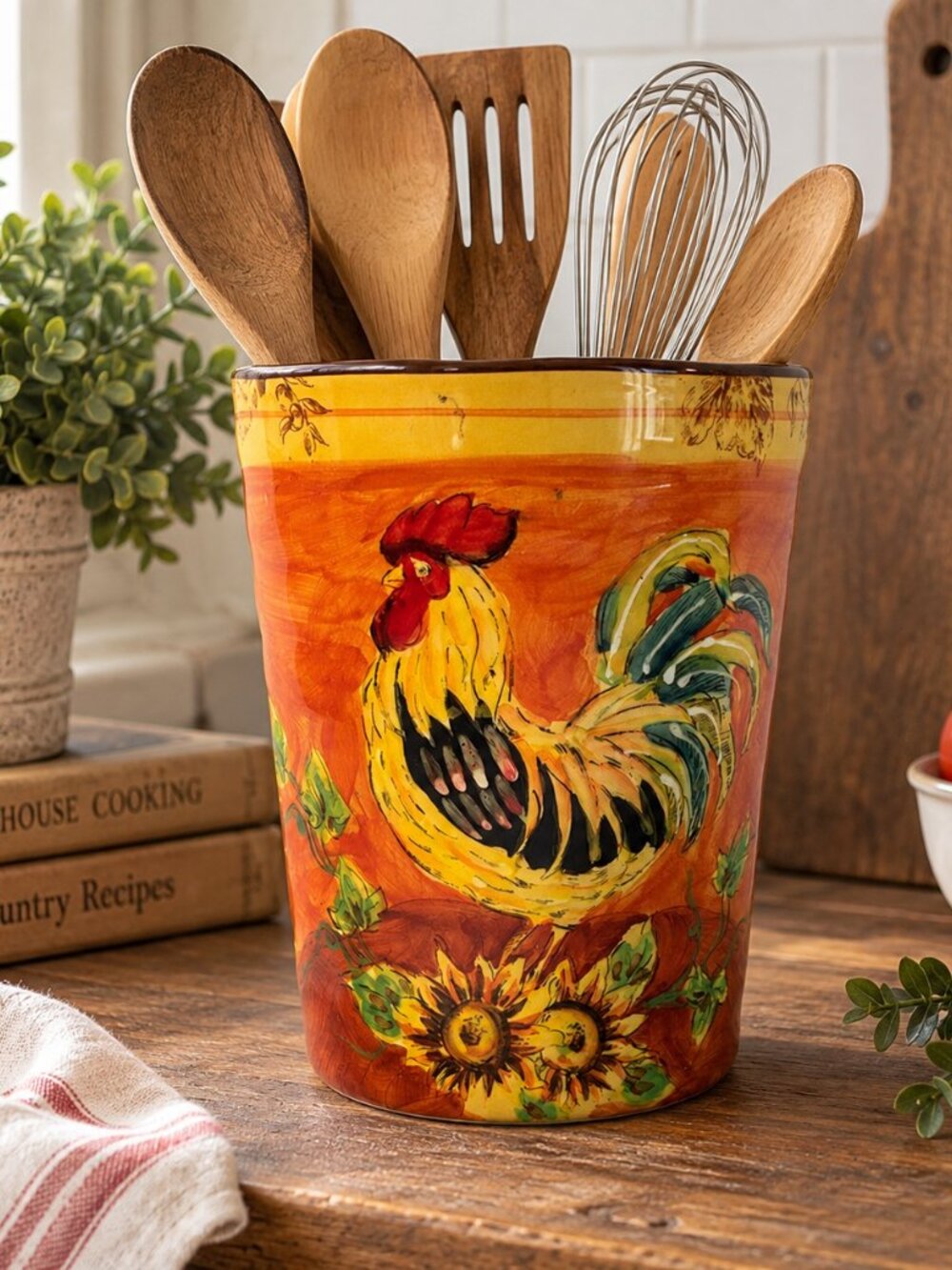 Maxcera Orange Rooster Utensil Holder Hand Painted Sunflower Country Farmhouse 7